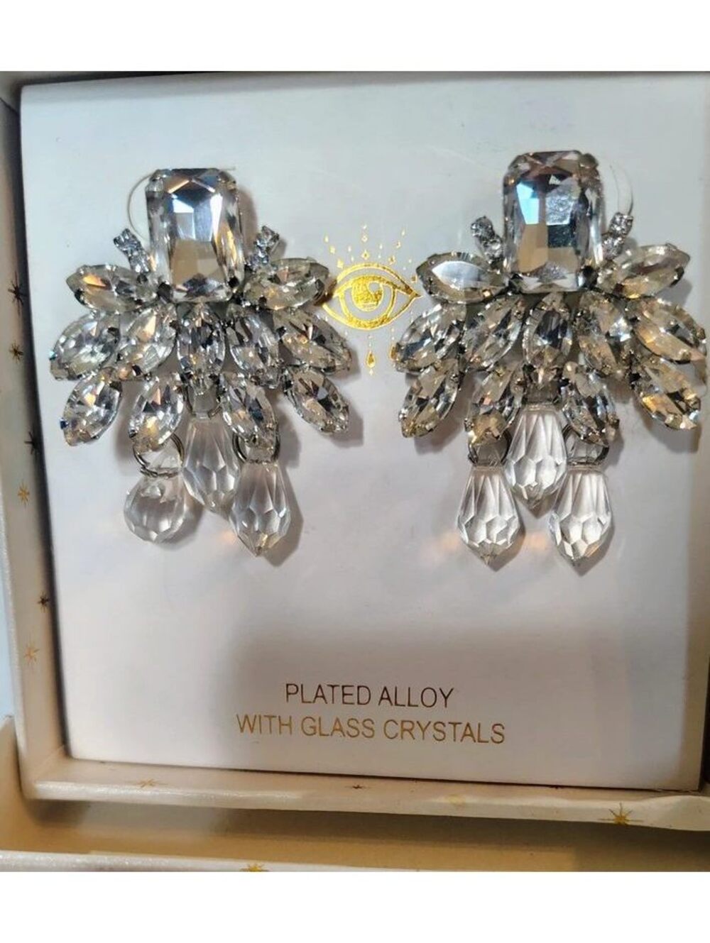 NWT Eye Candy Clear Glass Crystal Statement Drop Earrings Silver Bridal Glam